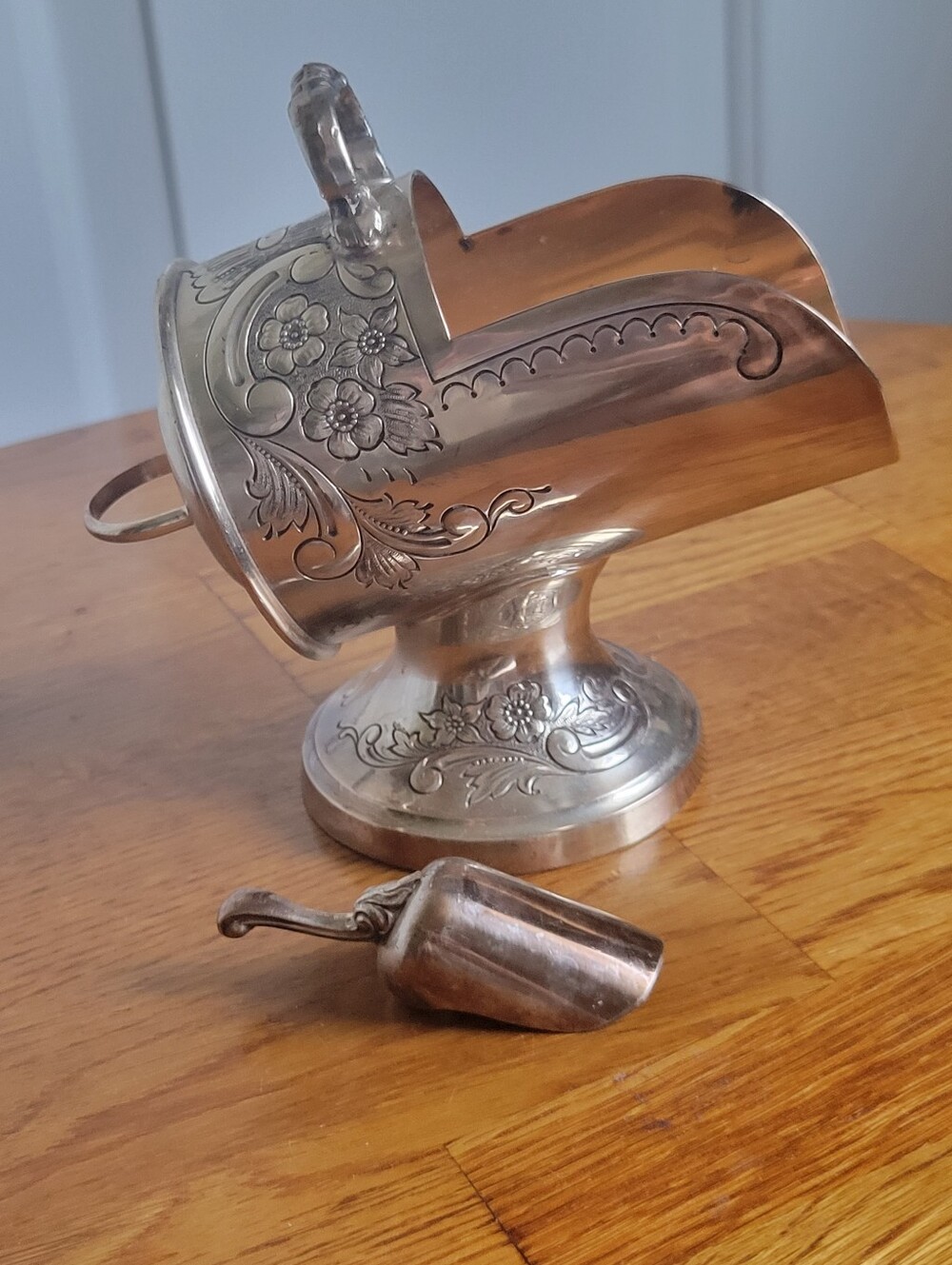 Vintage Ornate Silver-Plated Sugar Scuttle with Scoop - Floral Engraving